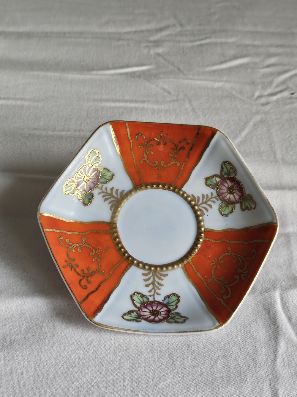 Vintage King China Occupied Japan Hexagon Trinket Dish Hand Painted Orange Gold